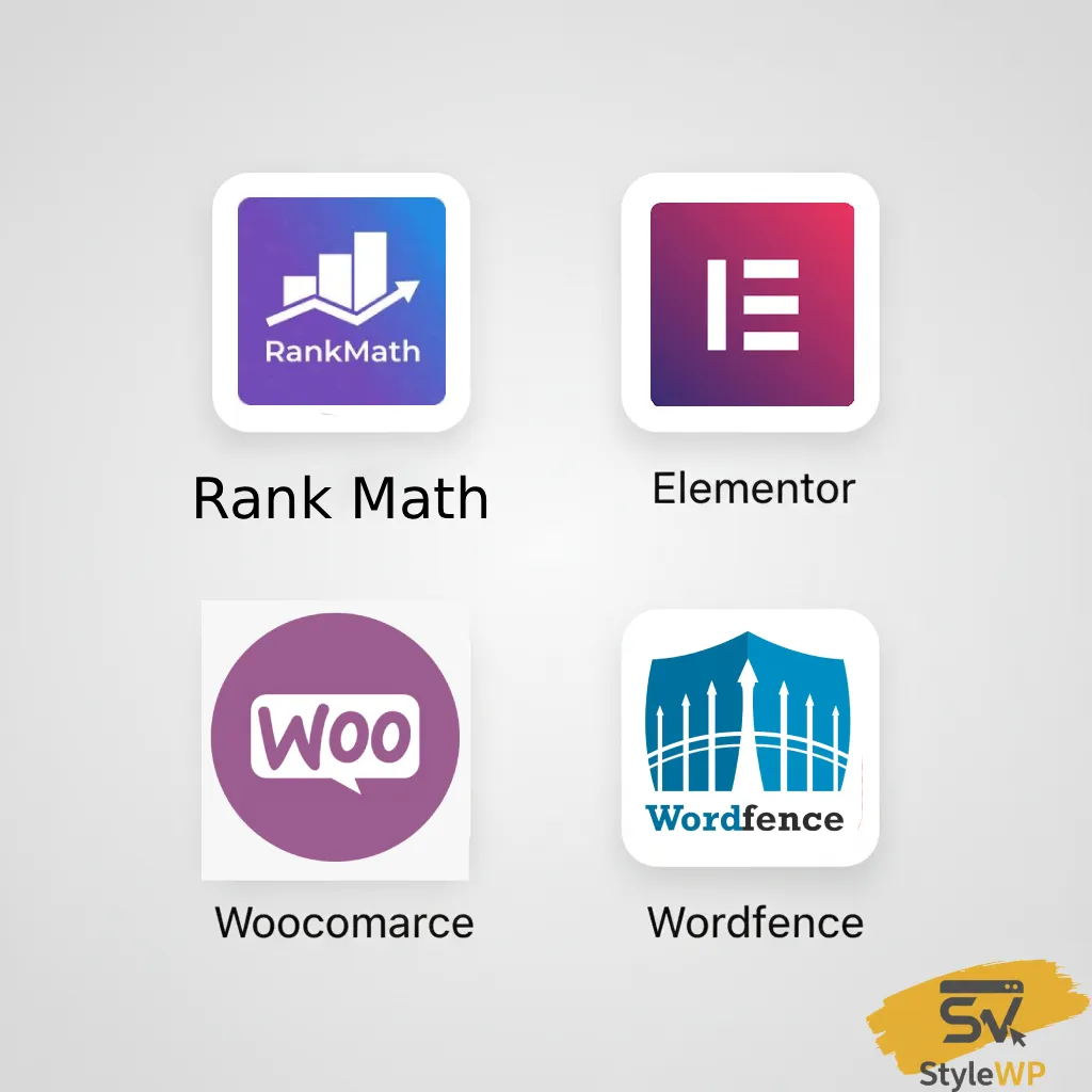 آیکون‌های اصلی و شناخته‌شده چند افزونه مهم وردپرس (Yoast SEO, Elementor, WooCommerce, Wordfence)
