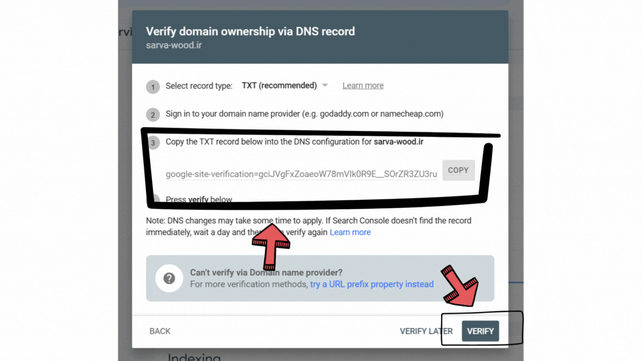 آموزش ثبت وب سایت در گوگل سرچ کنسول 3 تایید از طریق DNS Record (مخصوص گزینه Domain)