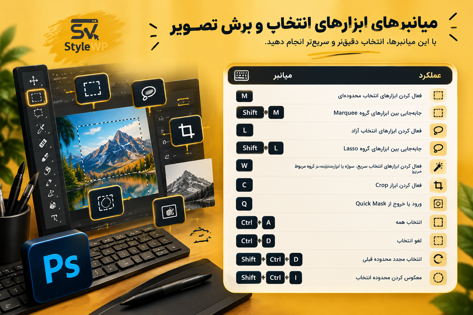 میانبرهای ابزارهای انتخاب و برش تصویر